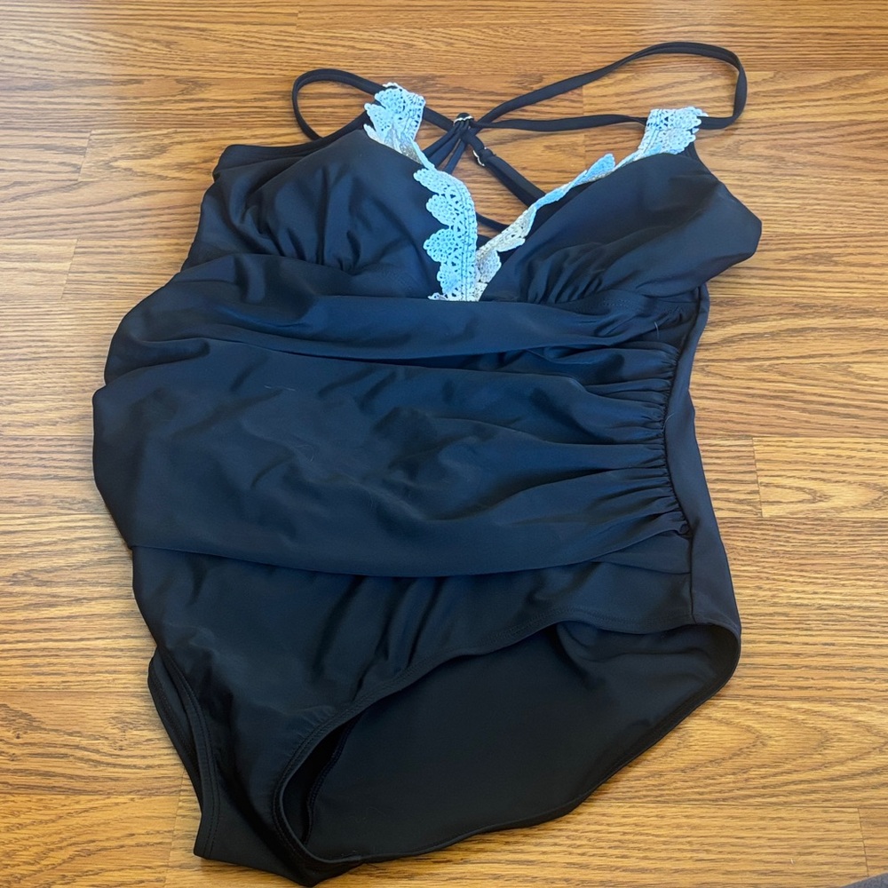 XXL black runched one-piece swimsuit with white lace detail and criss-cross back